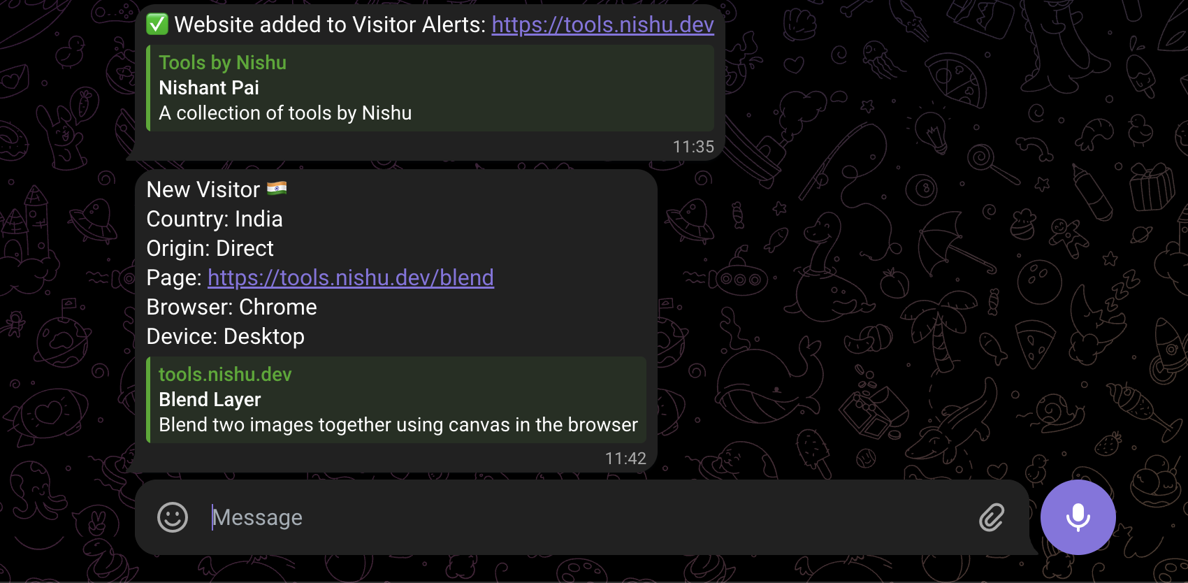 Telegram visitor alert preview